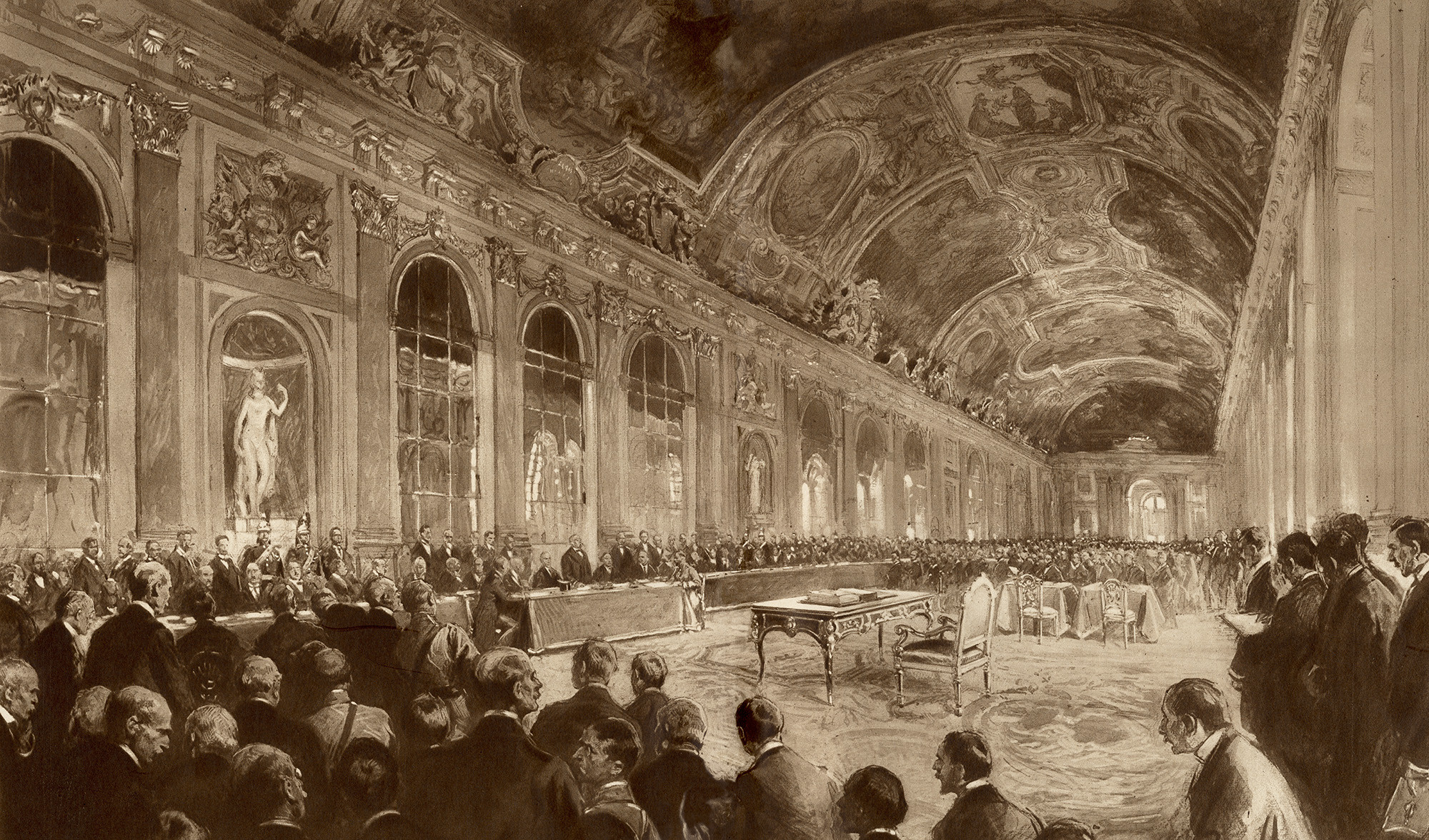 Painting of an elaborately painted and decorated Hall of Mirrors full of men seated at long tables, looking towards a writing desk with the treaty on it.