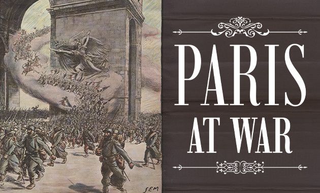 Engraving of WWI soldiers marching forward with the Arc de Triomphe in the background