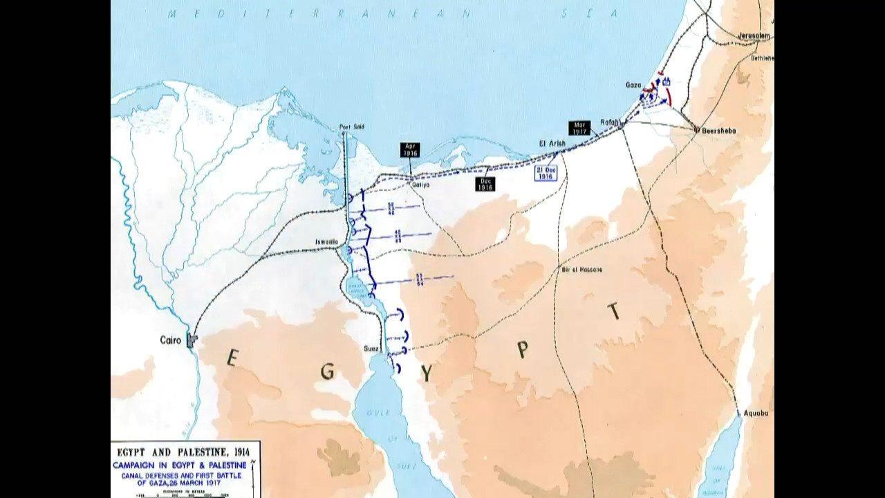 Map of Egypt and Palestine with routes and troop movements marked