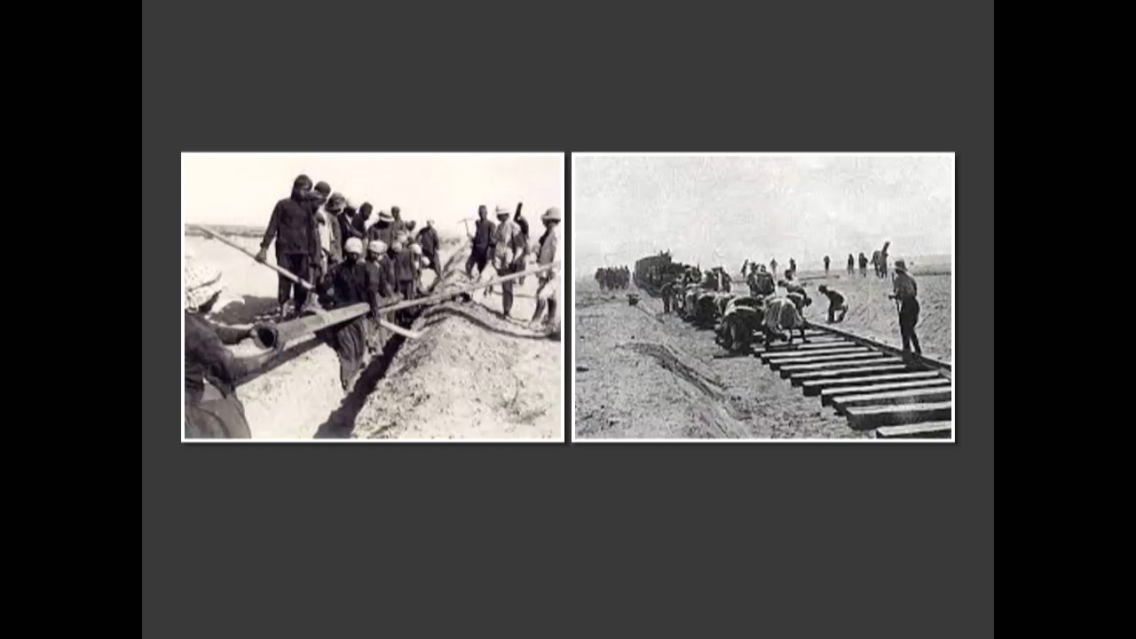 Two black and white images of Egyptian work crews laying water pipes or railway ties in the desert