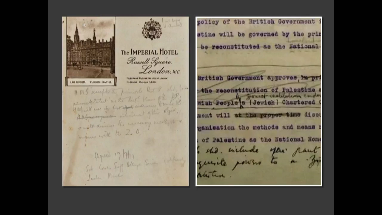 Left image: scan of a document with the letterhead 'The Imperial Hotel / Russell Square / London' and handwritten text on it. Right image: Scan of a document with printed text, much of it crossed out or edited with handwritten notes.