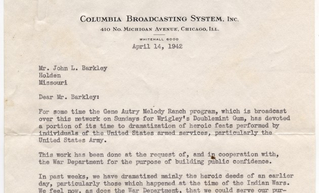 Part of a letter written to John Barkley on April 14, 1942. The letterhead states "Columbia Broadcasting System, Inc."