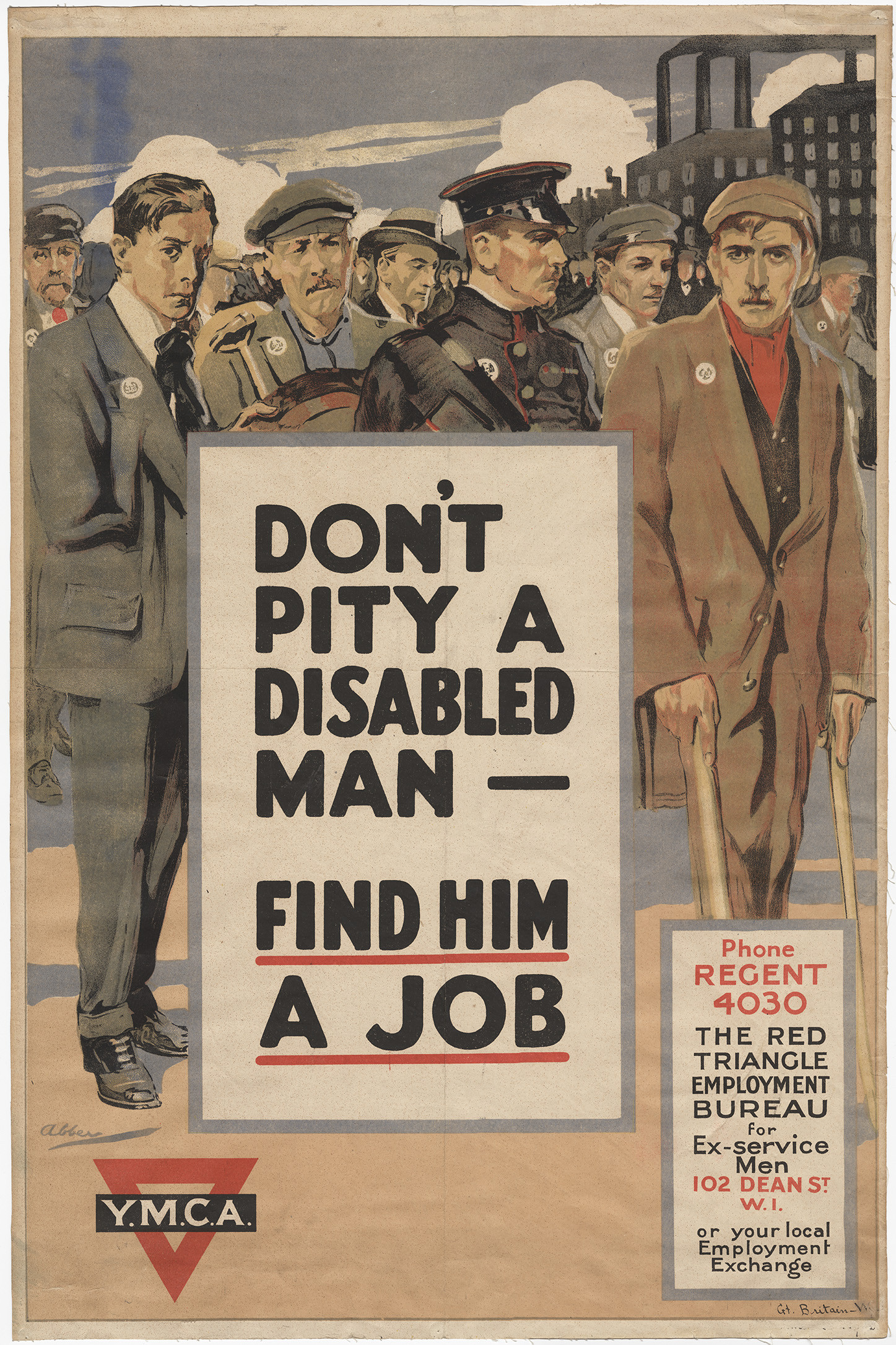 Poster illustrated with men using crutches and canes. Text: 'Don't Pity a Disabled Man - Find Him a Job'