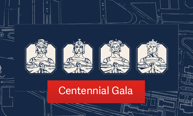 Cream and blue sketched icons of the Guardian Spirits sculptures. Text: 'Centennial Gala'