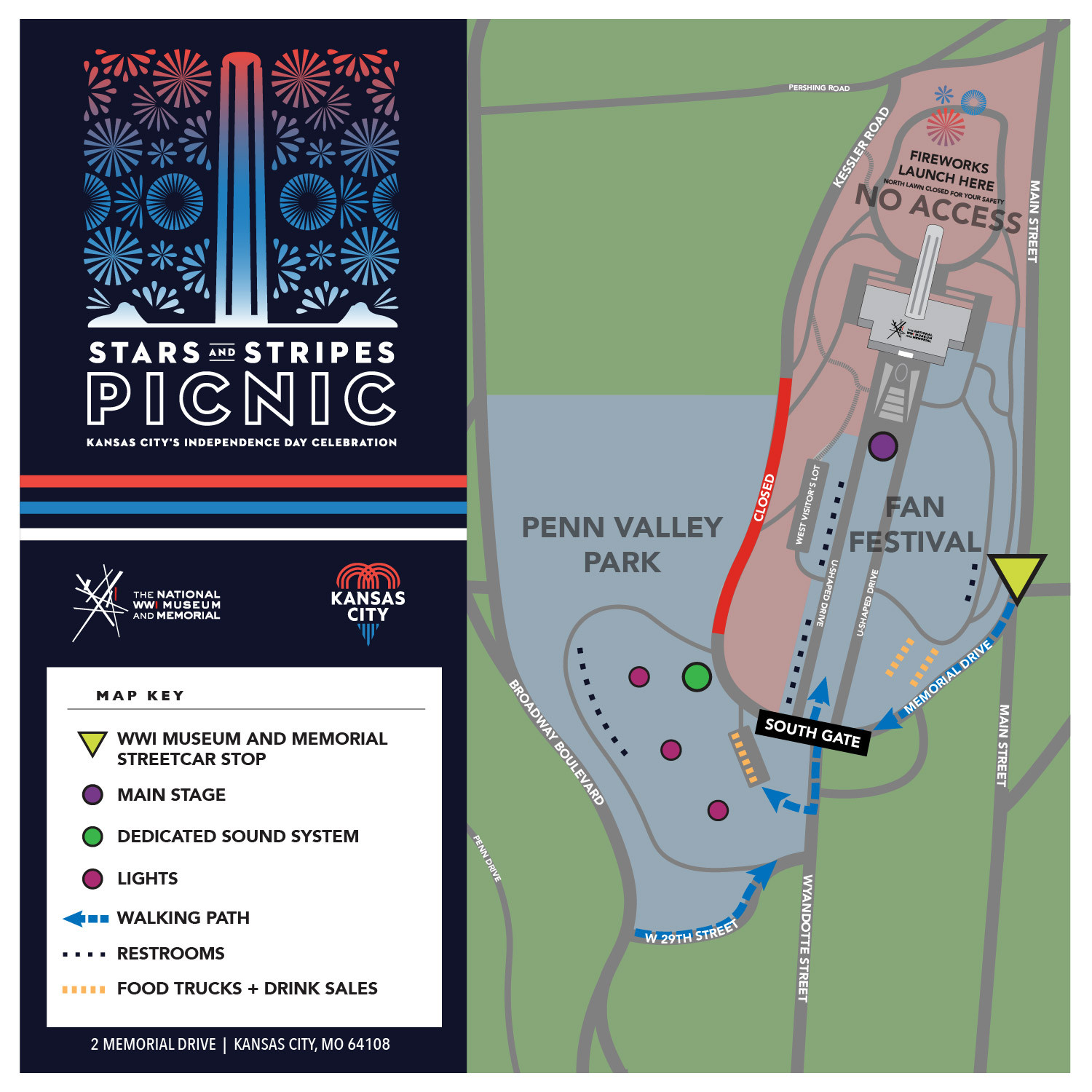 Updated map of Penn Valley Park and Museum and Memorial grounds showing locations of restrooms, food and walking paths
