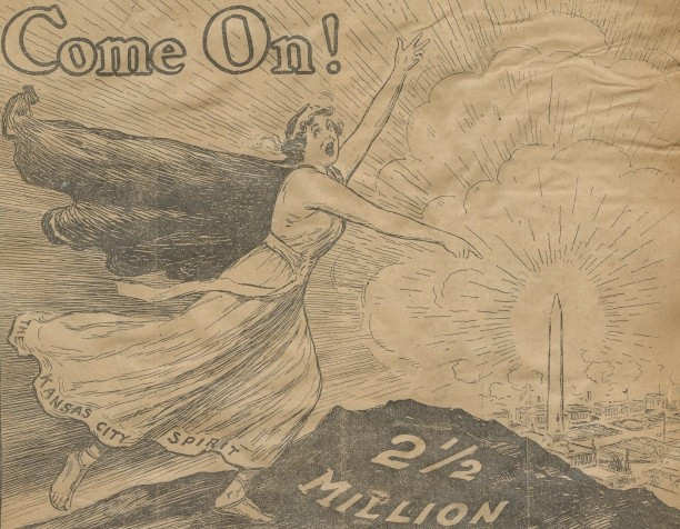 Drawn poster of a woman in a white dress motioning towards a tower in teh background. Text at the top says "Come On!" and on the ground text reads "2 1/2 MILLION"