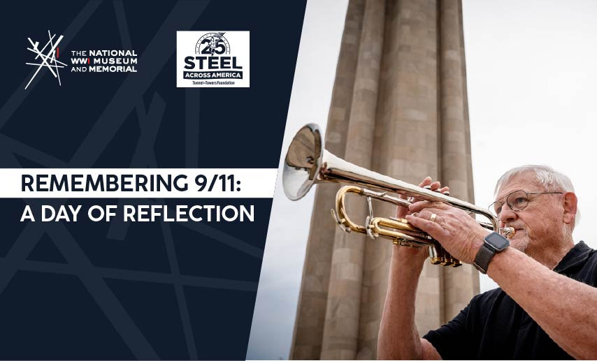 An older white man plays on a trumpet. Liberty Memorial Tower in the background.