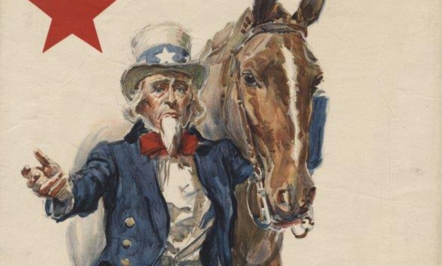 Drawing of a horse with Uncle Sam and a red star.