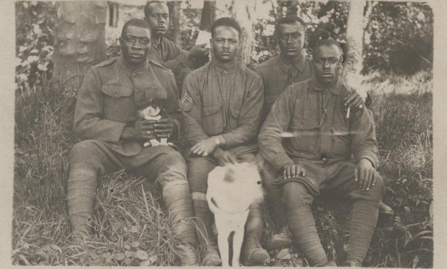 Black and white photograph of African American soldiers in uniform holding two dogs.