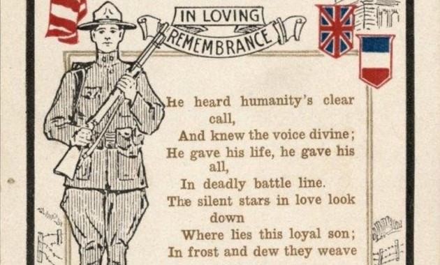 Portion of a mourning card including a drawing of an American soldier, part of an American flag, a British flag, and a French flag, as well as a poem.