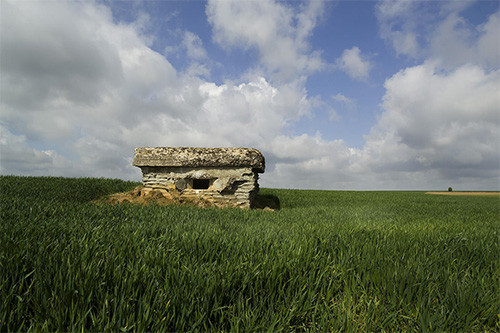 Modern photograph of a squat concrete structure rising out of a flat grassy field.