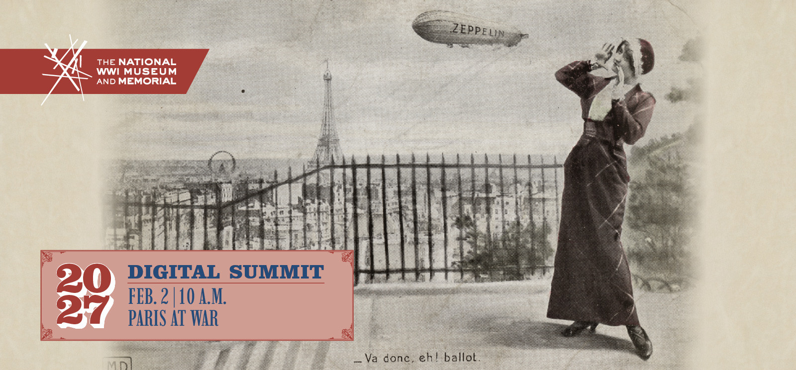 Black and white postcard illustration of a white woman in an early 1900s dress looking up at a zeppelin in the sky. Eiffel Tower in the background.