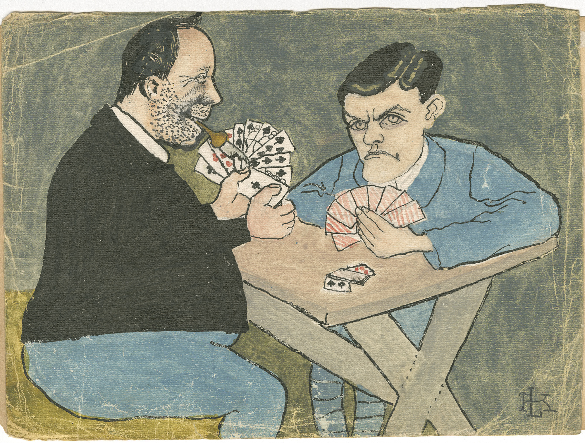 Painting of two cartoonish men playing cards at a small table