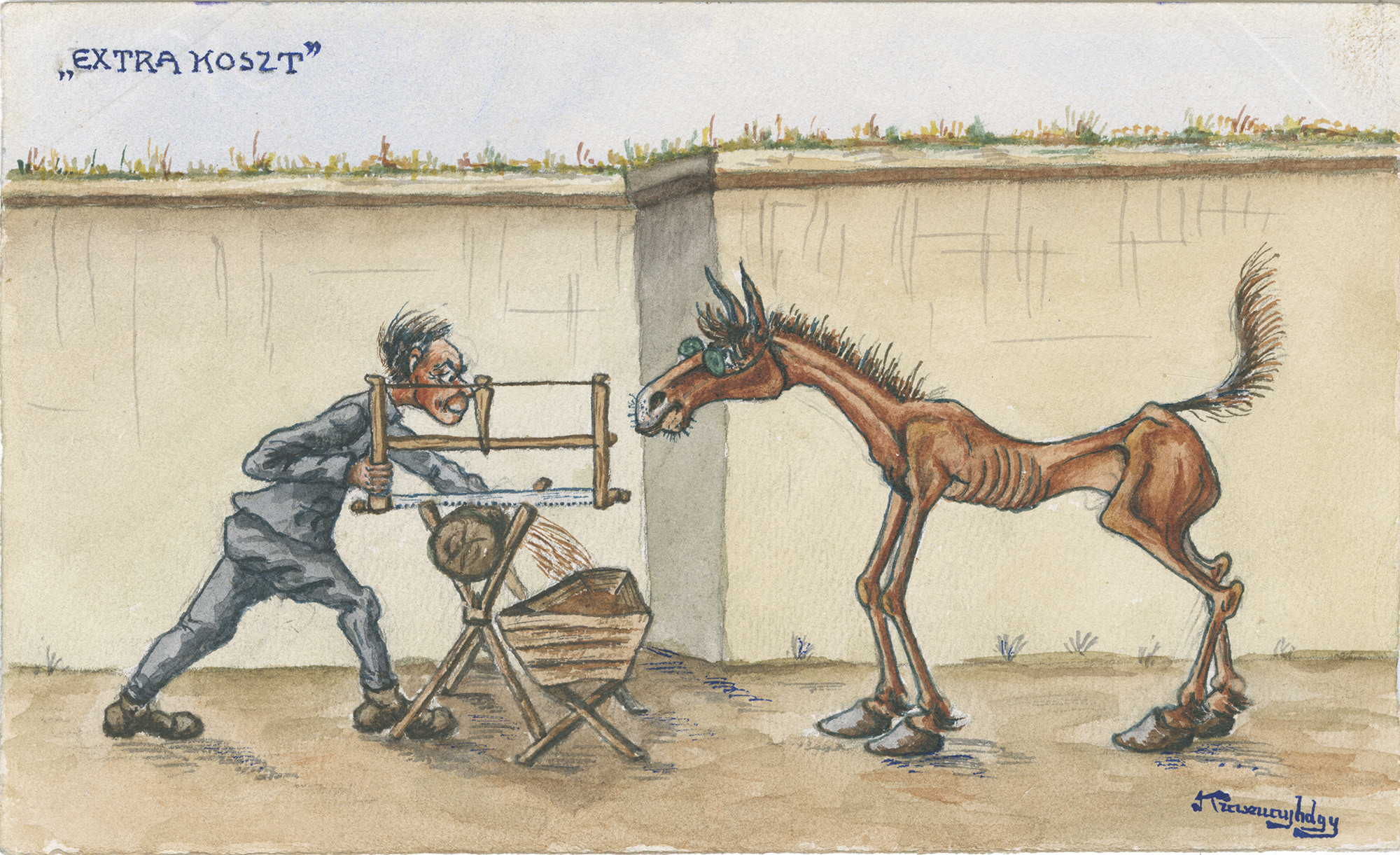 Painting of a man sawing a log on a sawhorse while glaring at a malnourished horse in front of him