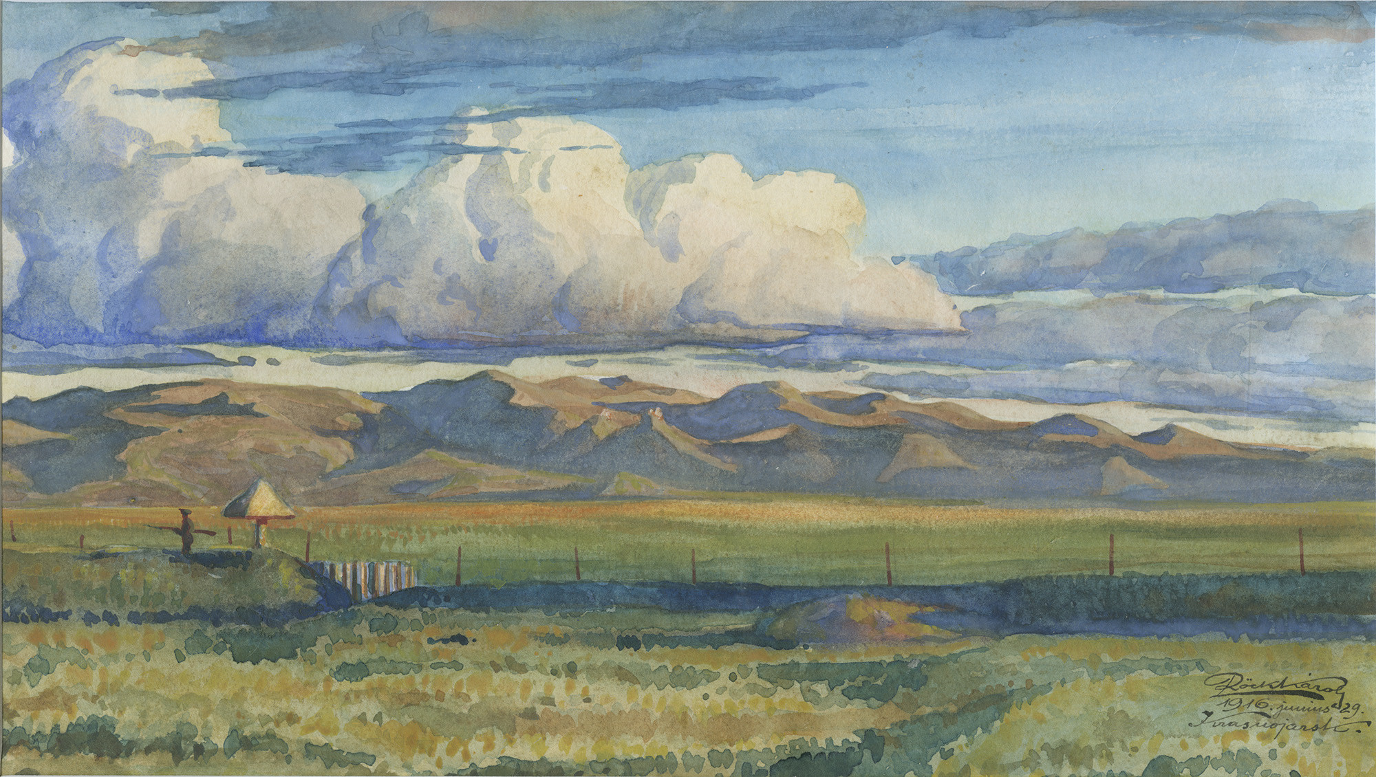 Painting of a wide grassy plain with mountains in the distance