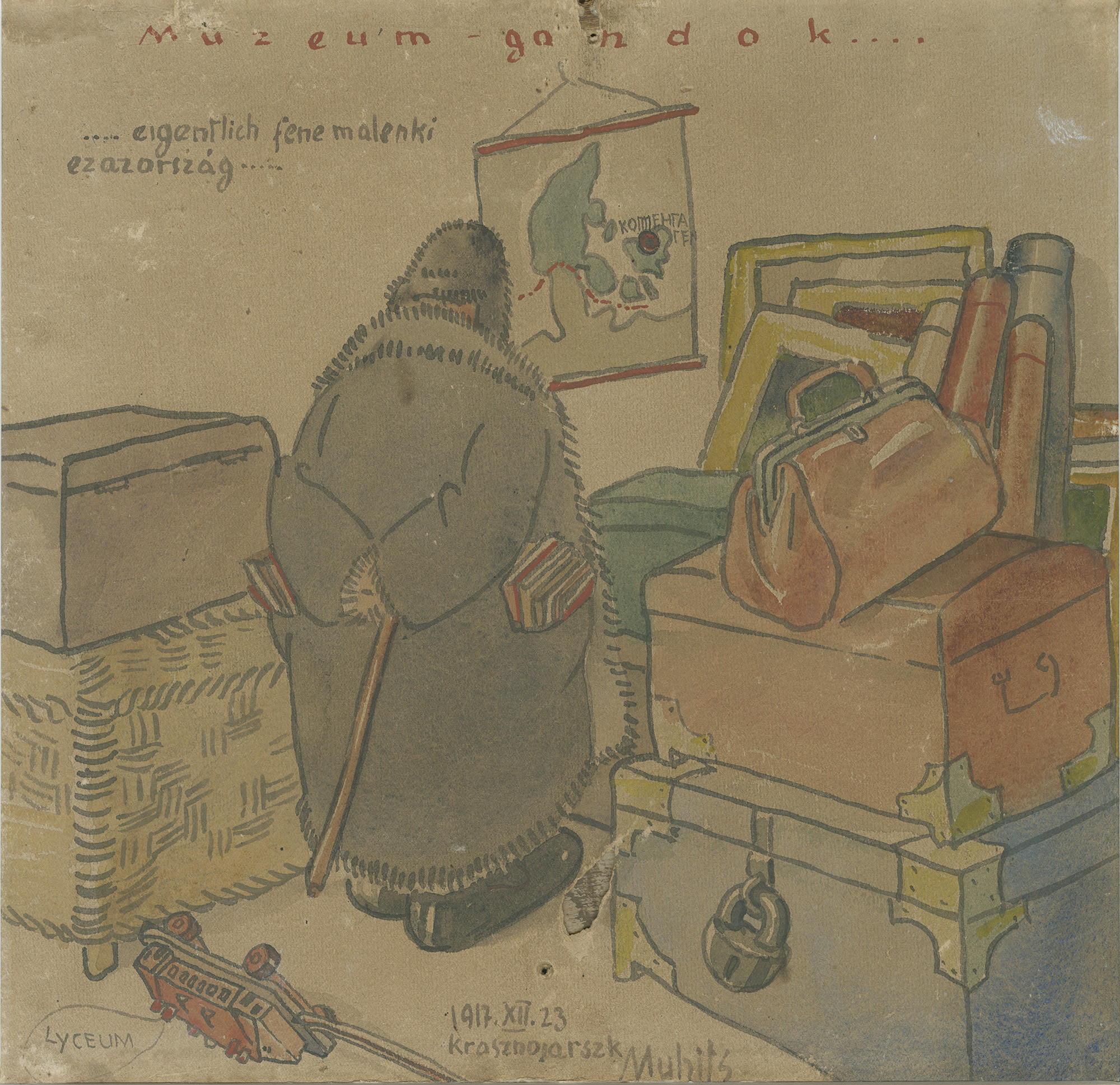 Painting of a man in a large winter coat contemplating a big pile of suitcases, trunks and paintings