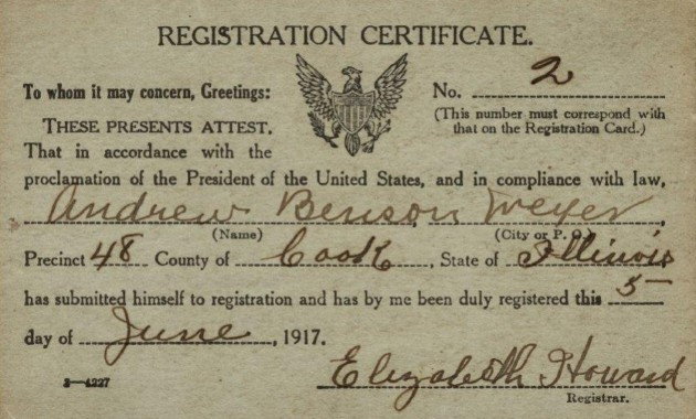 Scan of a registration certificate for Andrew Menson Weyer which includes his hane, location, and the date he registered for the draft.
