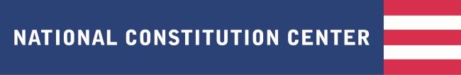 Logo for National Constitution Center including the text on a blue background and red and white stripes to the right.
